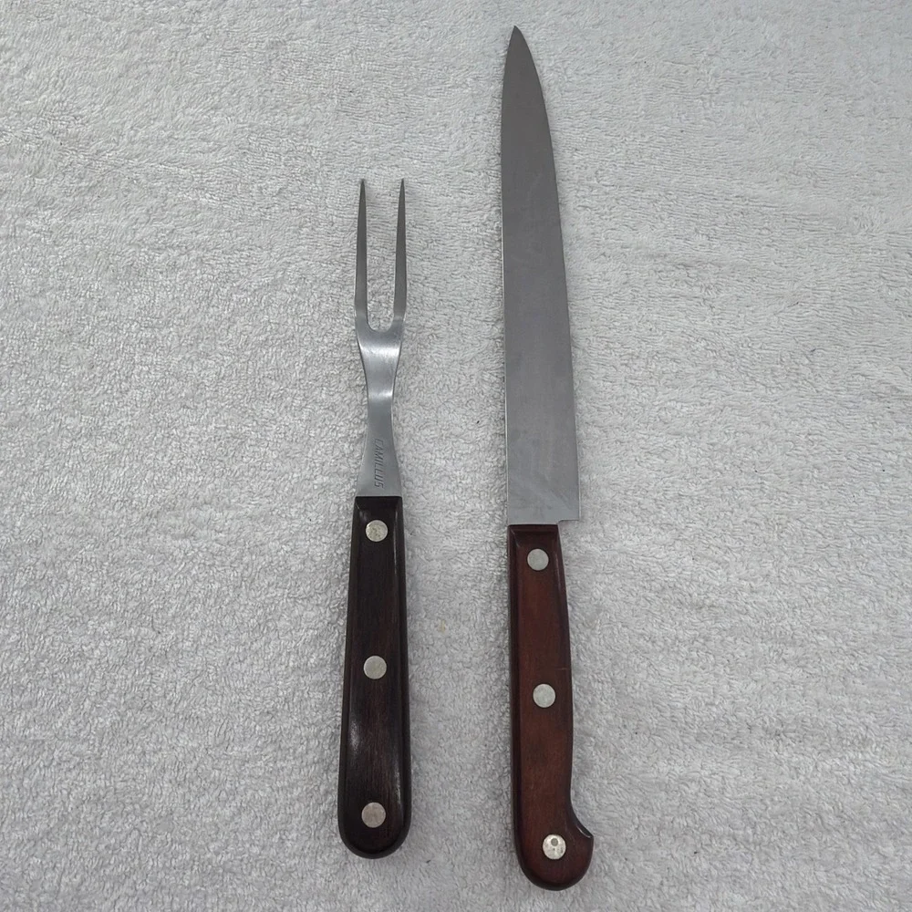 2-piece Stainless Steel Camillus USA Carving Knife Set. Wood Handles